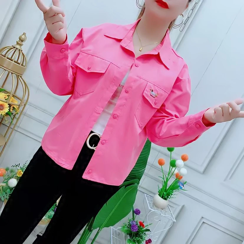 简约短款春夏绣花小狗长袖抽绳衬衫夹夹克外套设计甜美减龄上衣女
