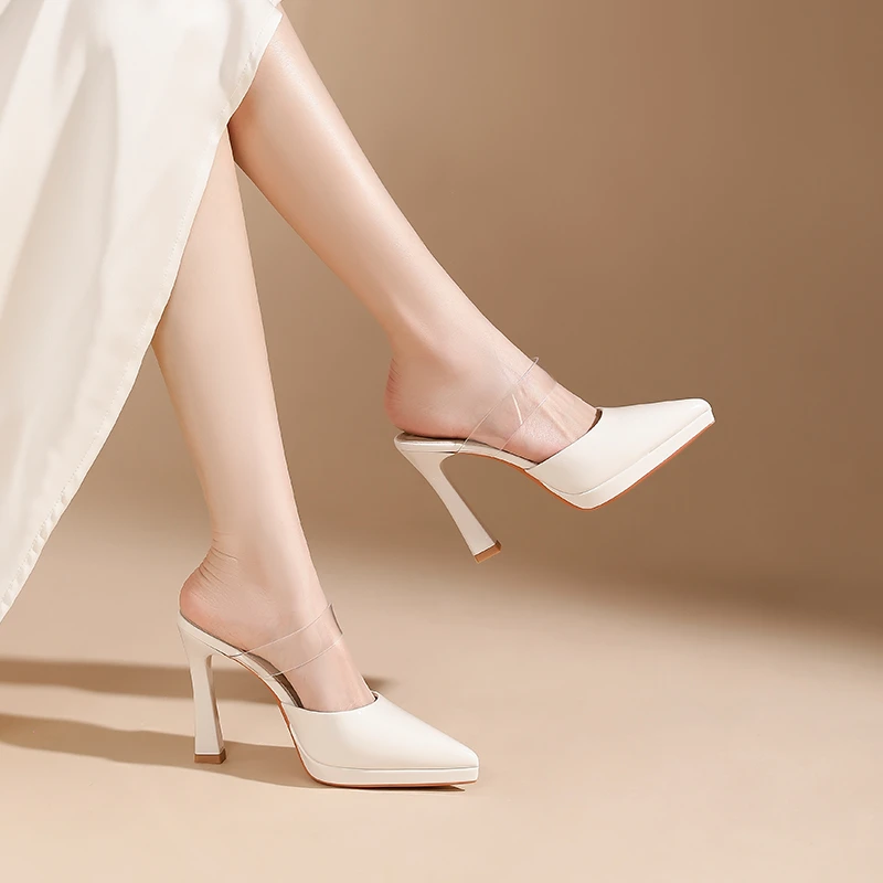 透明一字带高跟凉鞋防水台一脚蹬包头粗跟外穿尖头显瘦夏季凉拖女