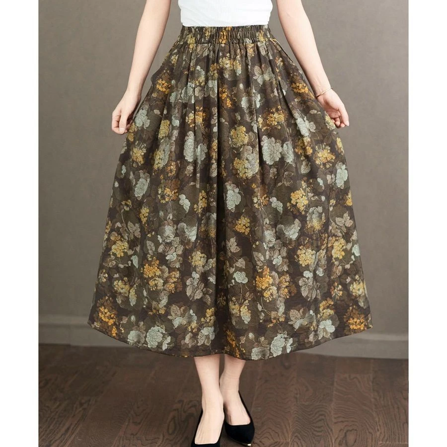 2025夏季高腰新中式提花松紧腰显瘦花色半身裙 中长款女装半身裙