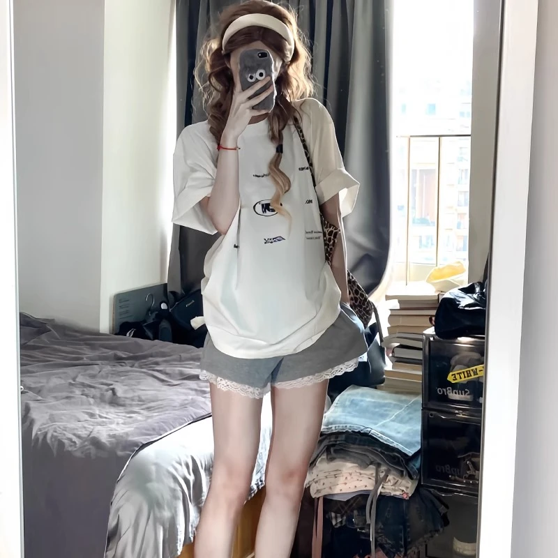 运动短裤女春夏季2025新款蕾丝边高腰a字休闲宽松外穿五分裤