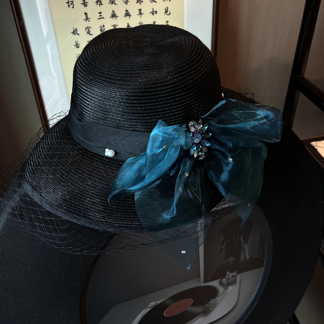 XIANG【孔雀天使】网纱遮脸赫本风黑色出游防晒蝴蝶结礼帽LSMZ4256