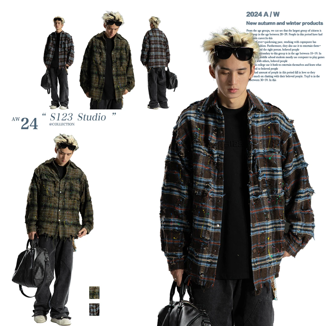 S123 流苏泼墨美式磨破格子衬衫男古着破坏风毛边开衫外套3052
