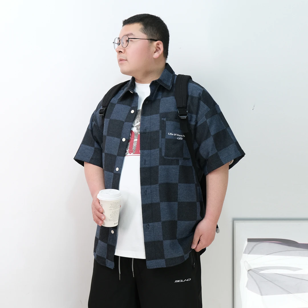 夏季胖子大码美式棋盘格子休闲短袖宽松亲肤透气半袖衬衫男