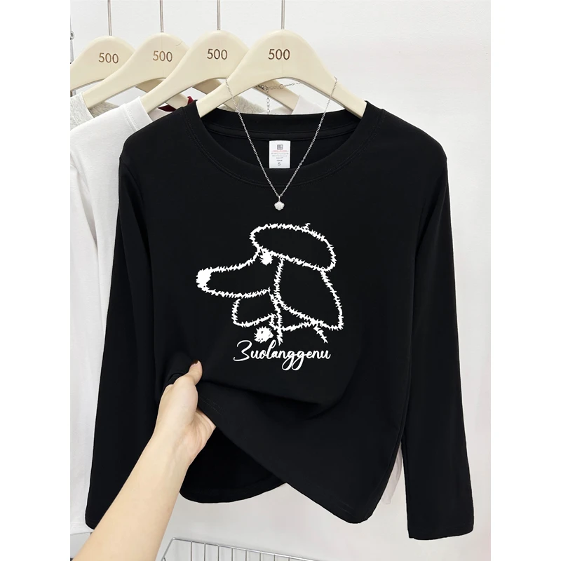 黑色圆领长袖t恤女2025秋季新款打底衫大码胖mm遮肉显瘦正肩上衣