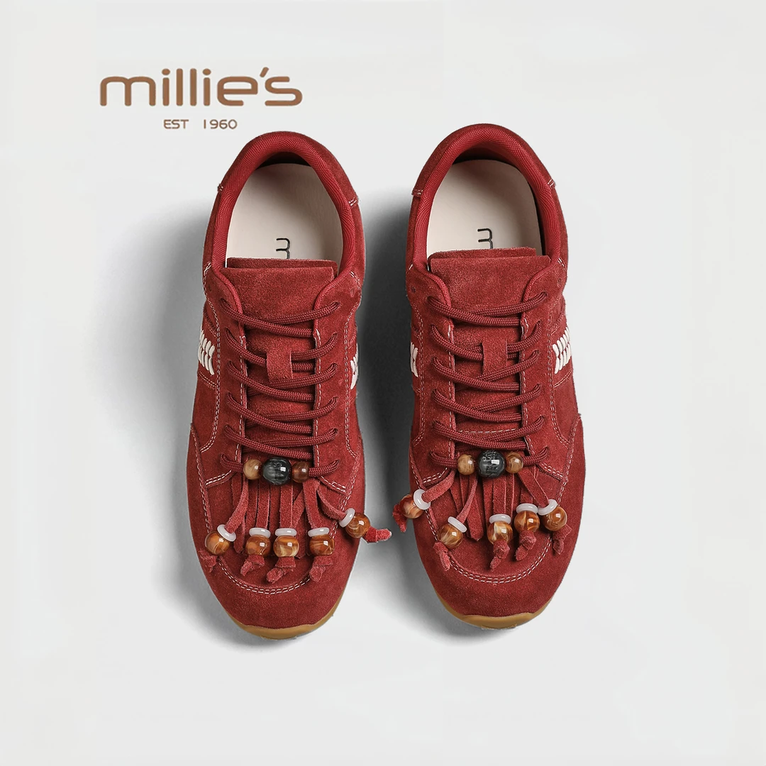 MILLIE'S/妙丽2025新款春女增高休闲百搭单鞋时尚真皮厚底德训鞋