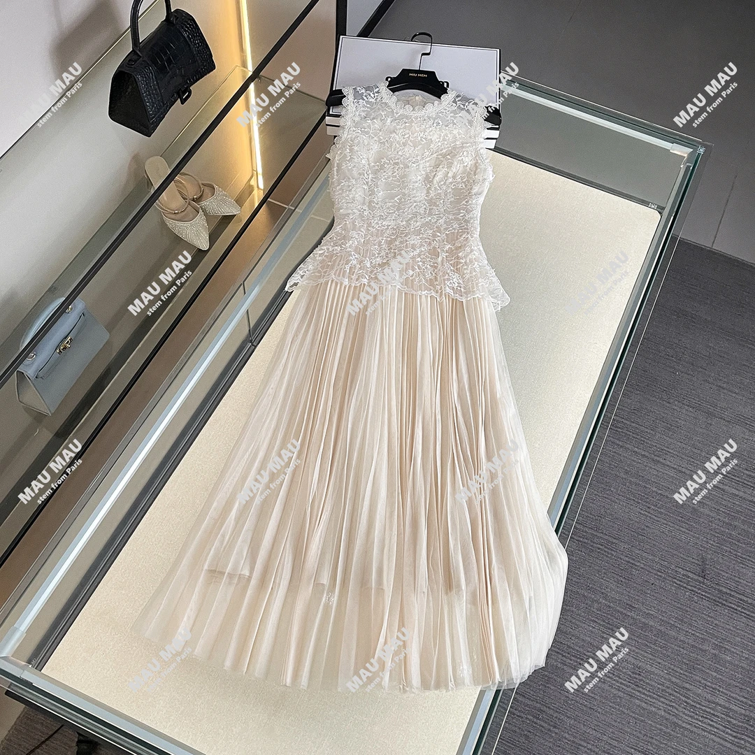 夏季新款刺绣提花百褶拼接显瘦假两件连衣裙女DY7122