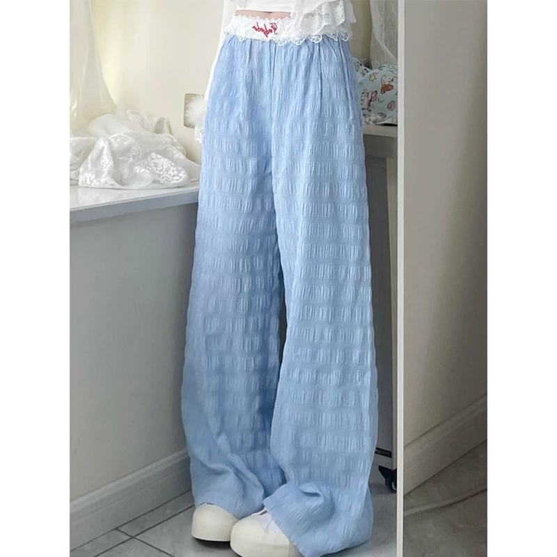 【纯色蕾丝边】韩系休闲甜美高腰遛弯裤女夏季睡裤直筒长裤子可外穿