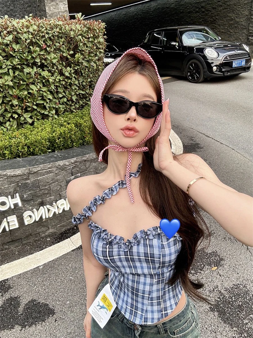 多巴胺格子挂脖吊带背心女夏季外穿泰式辣妹性感抹胸小上衣