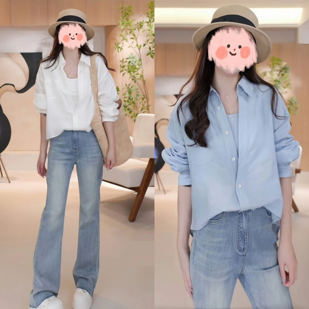 早春网红穿搭一整套气质欧若风假两件衬衫牛仔裤两件套绝美衣服女
