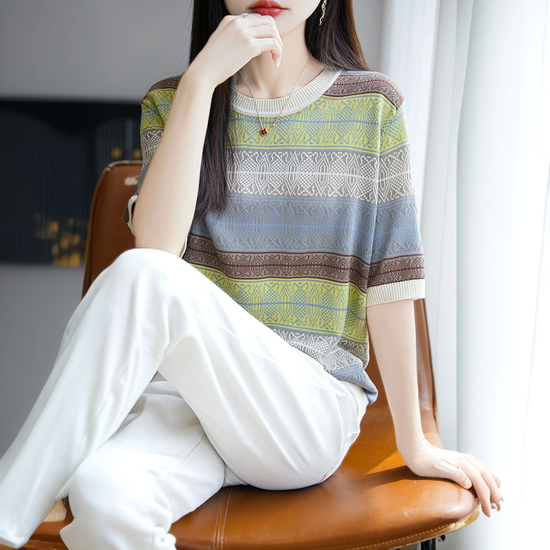 夏季薄款圆领莱赛尔天丝短袖女T恤复古提花镂空上衣宽松毛针织衫