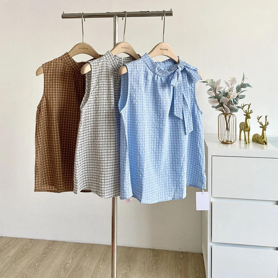 璎婲sᴀᴋᴜʀᴀ【日系复古】小众洋气韩版格子背心女夏季宽松慵懒衬衫潮