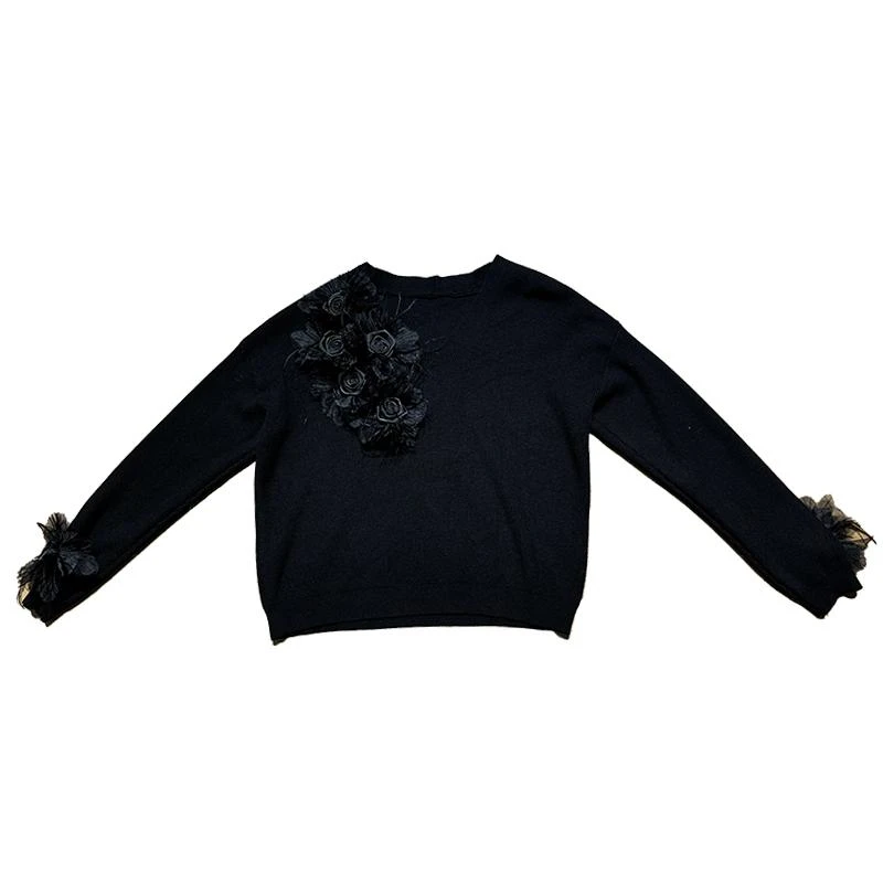 Dan Dan 黑色重工花朵V领毛衣女