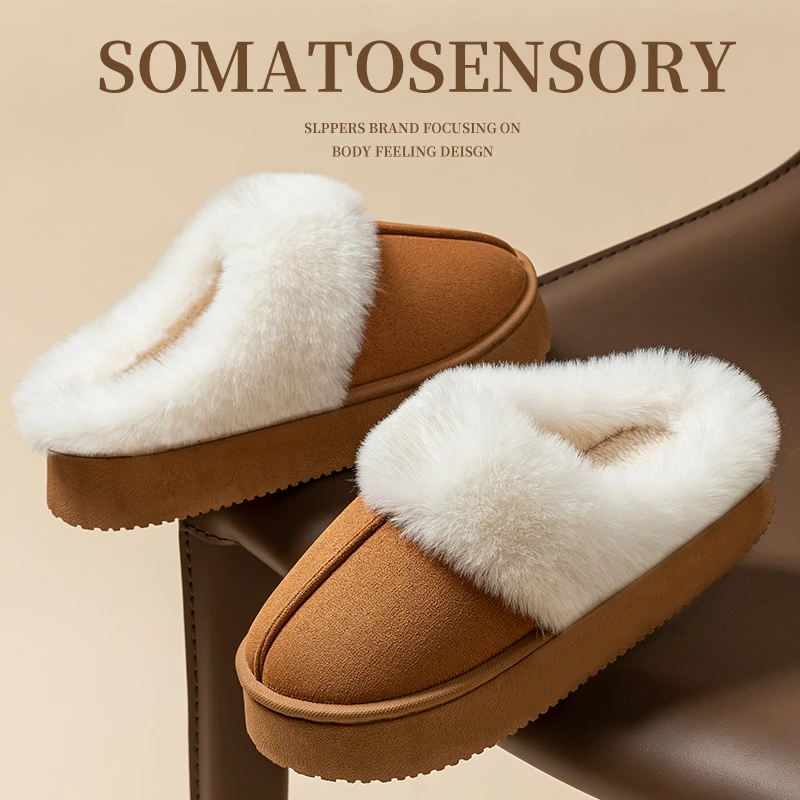 酷如意翻毛绒勃肯棉拖鞋女款冬季轻奢家居厚底踩屎感防滑棉拖女士