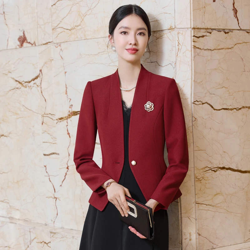 酒红色无领西装外套女2025秋冬新款高级感职业时尚修身小西服上衣