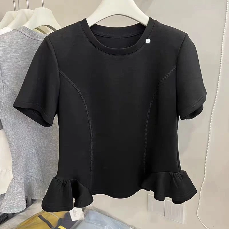 【花花定制】荷叶边短袖T恤女春款2025新款设计感百搭上衣