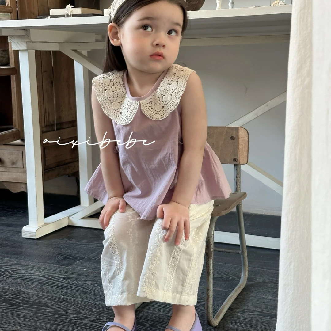 女童夏季套装纯色百搭花边领宽松无袖娃娃衫提花休闲直筒裤两件套