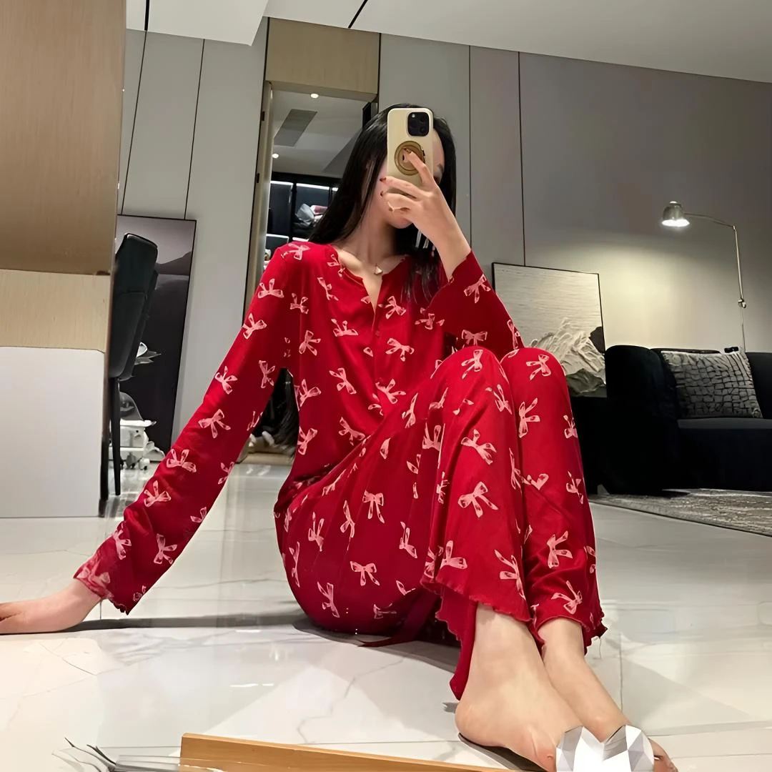 2025新款蛇年本命年红色睡衣女秋冬莫代尔棉法式高级感家居服套装