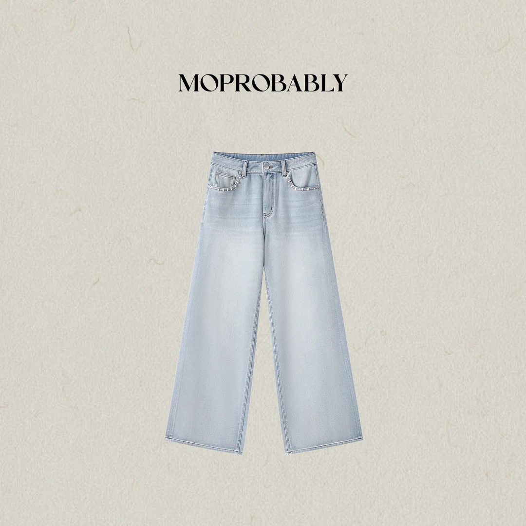 Moprobably李予诺「宝裤」时尚休闲浅蓝色水洗直筒牛仔裤L5273023