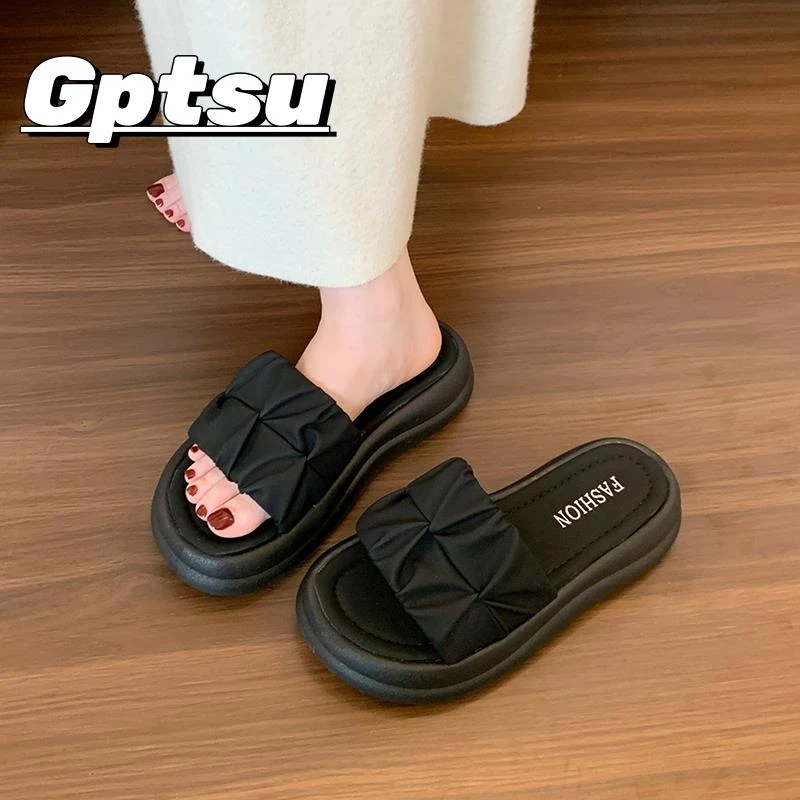 GPTSu厚底拖鞋女外穿夏新款法式小众褶皱凉拖时尚百搭防滑一字拖