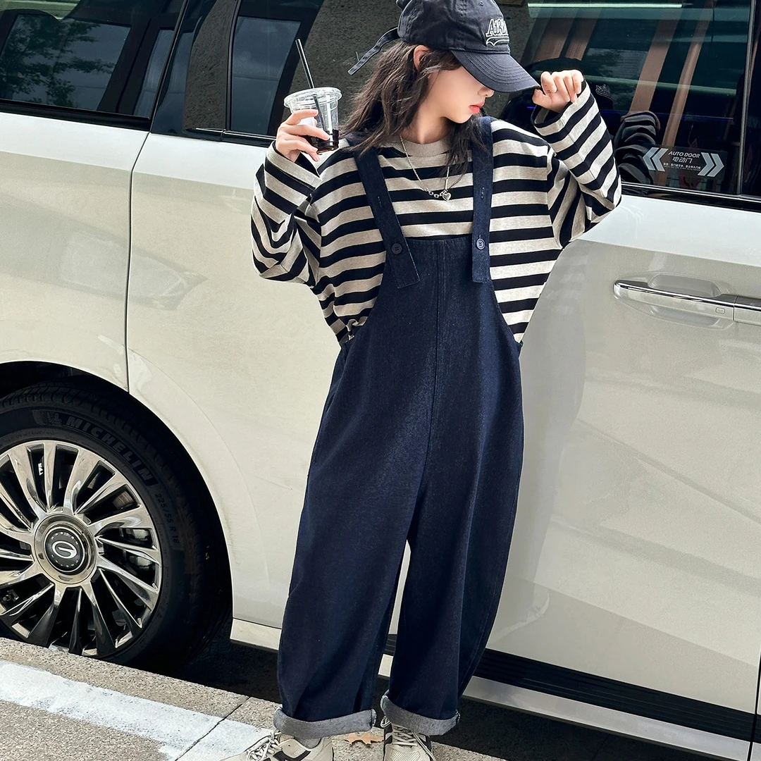 女童秋季套装2025新款韩系休闲条纹卫衣儿童牛仔背带裤洋气两件套