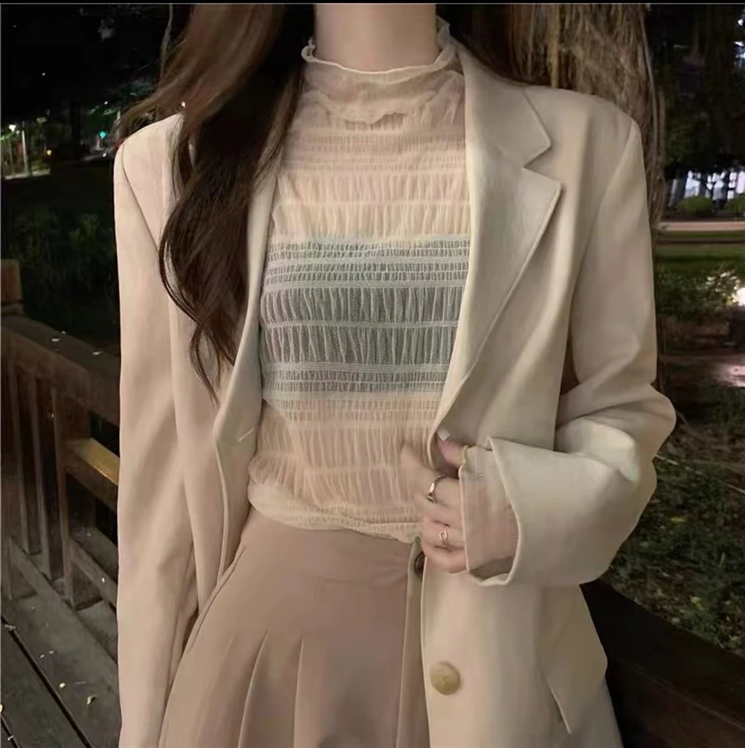 蕾丝半高领甜美百搭泡泡衣长袖显瘦蕾丝衫休闲时尚内搭上衣