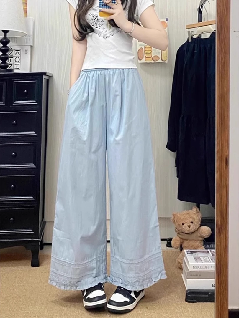 蕾丝木耳花边阔腿裤女夏季薄款高腰直筒显瘦山本纯欲慵懒风女装