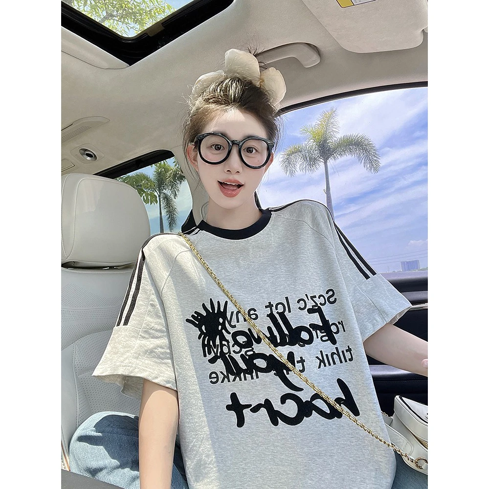 花灰色短袖T恤女夏季设计感美式三条杠字母印花宽松显瘦休闲上衣