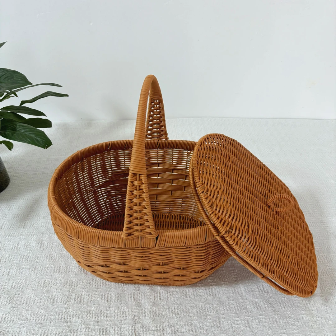 带盖手提篮藤编水果篮家用收纳筐竹编菜篮子买菜35*27*18