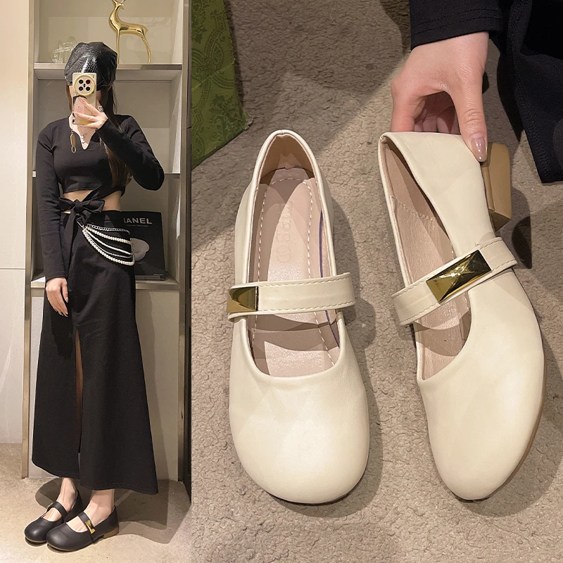 法式粗跟单鞋女2025新款春夏百搭浅口圆头晚晚配裙子玛丽珍小皮鞋