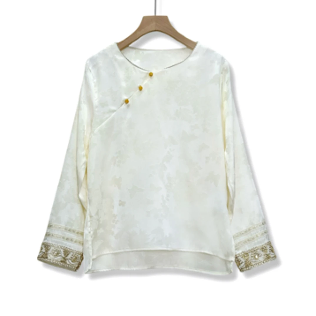 1814春新款中式圆领长袖衬衫复古提花打底上衣