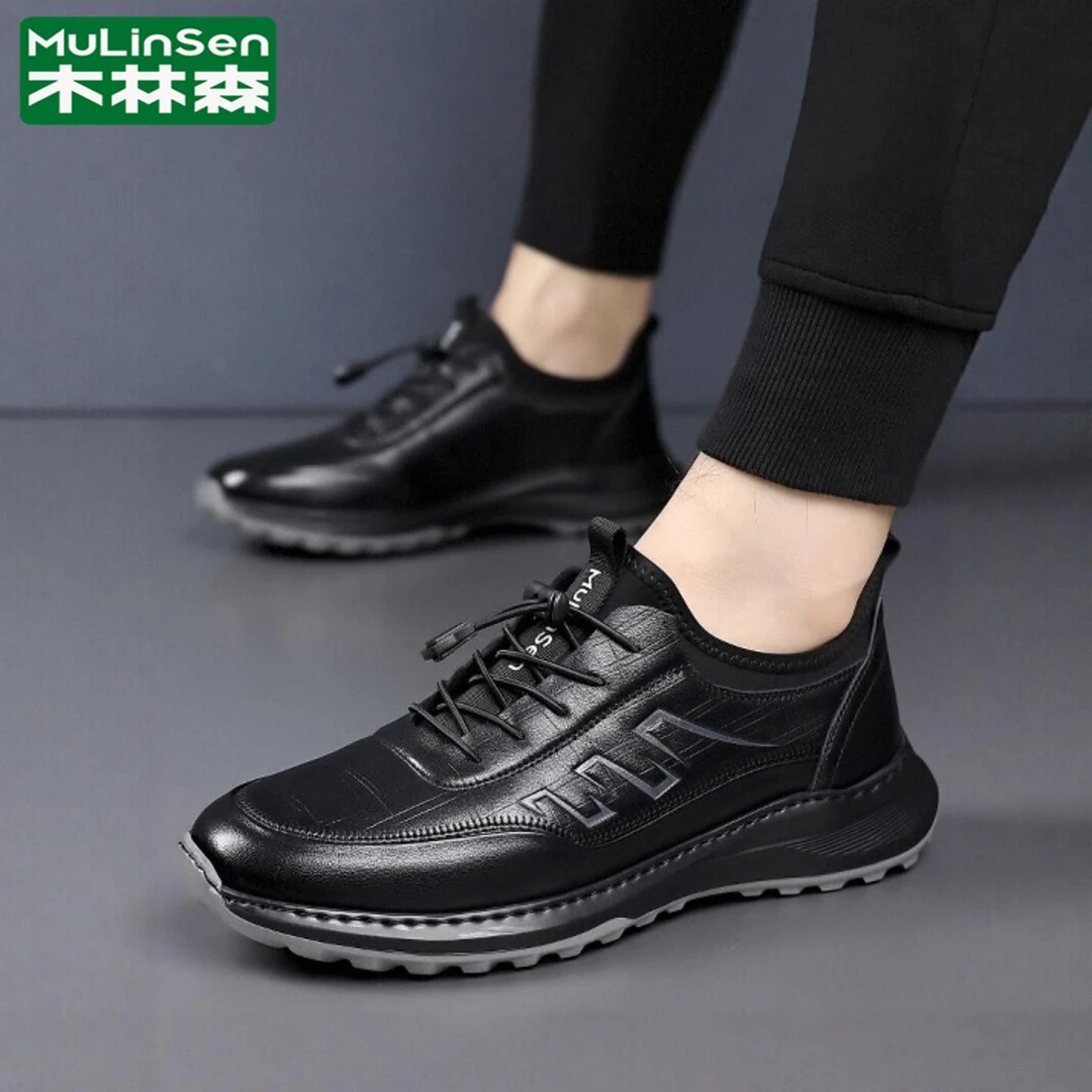 木林森男鞋秋冬头层牛皮运动厚底黑鞋一脚蹬防滑头层牛皮防臭皮鞋