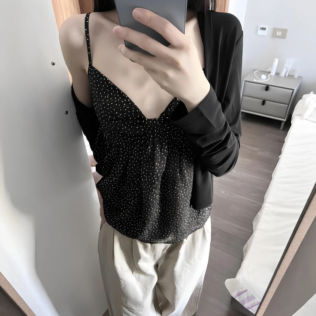 法式黑色波点蝴蝶结吊带背心女夏季外穿性感领辣妹显瘦抹胸上衣