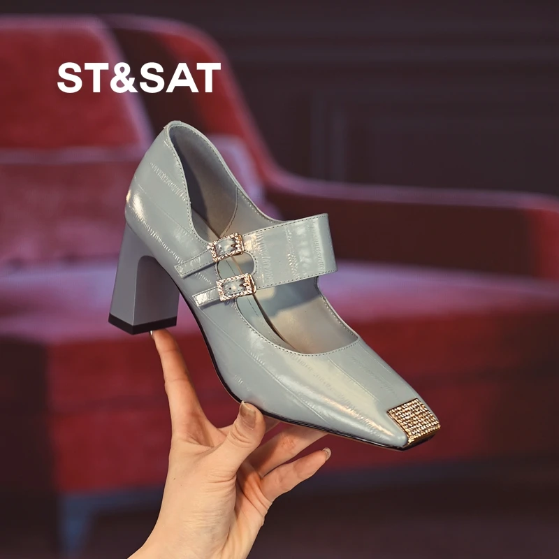 星期六水钻真皮晚会鞋女时尚方头单鞋百搭配裙子一字扣粗跟高跟鞋