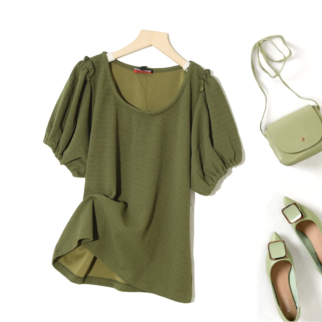 圆领轻熟风泡泡袖百搭新款短袖设计感上衣女士夏季时尚T恤H500