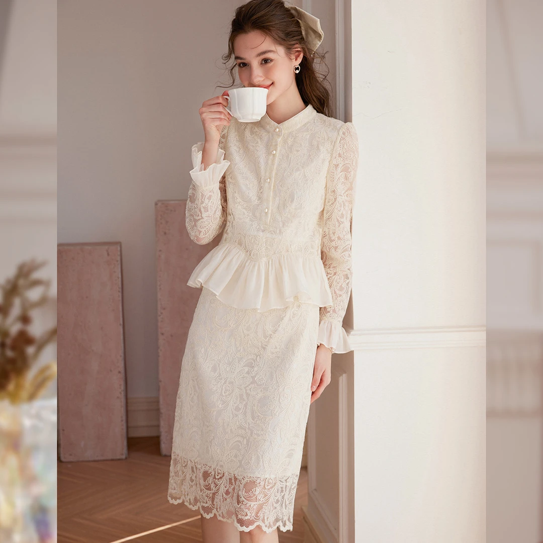 白鹿语欧若新中式立领镂空荷叶边拼接长袖女连衣裙BY20288