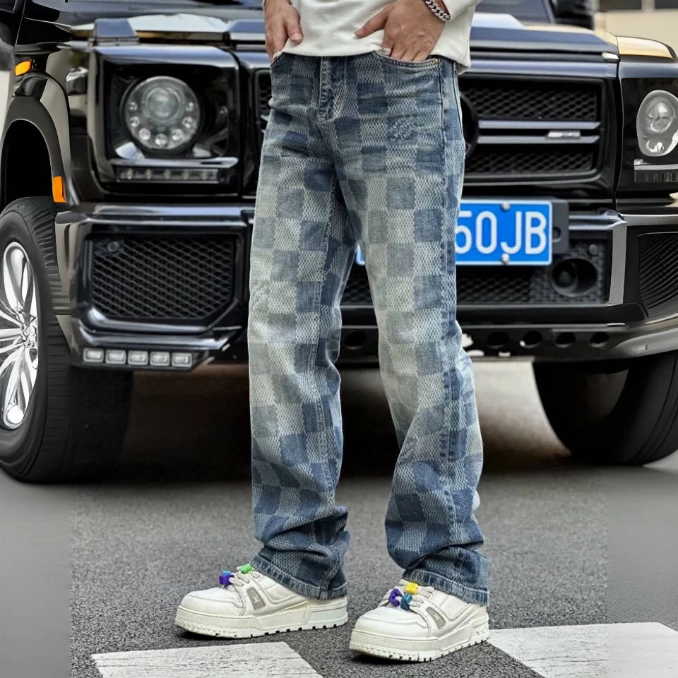 法帝卡尔克美式休闲撞色棋盘格定制春夏牛仔裤男士个性直筒长裤