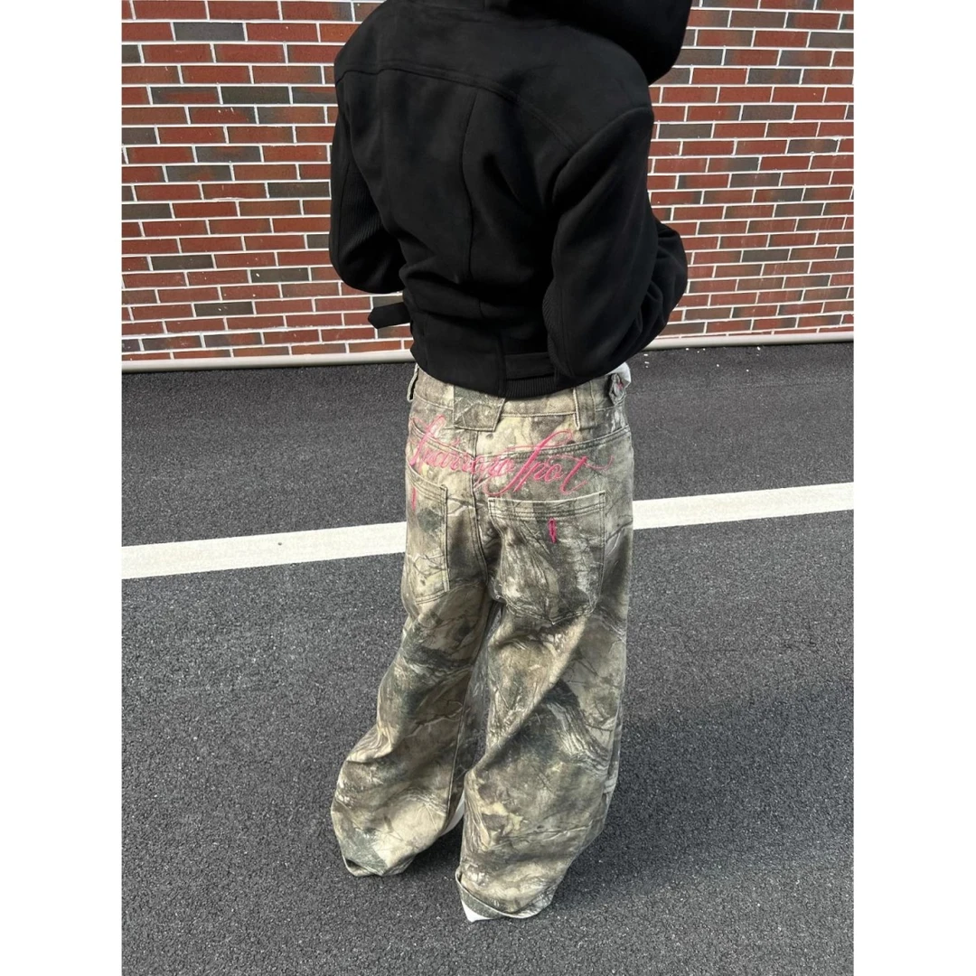 美式复古字母刺绣树枝迷彩休闲裤直筒阔腿百搭长裤男女2025年