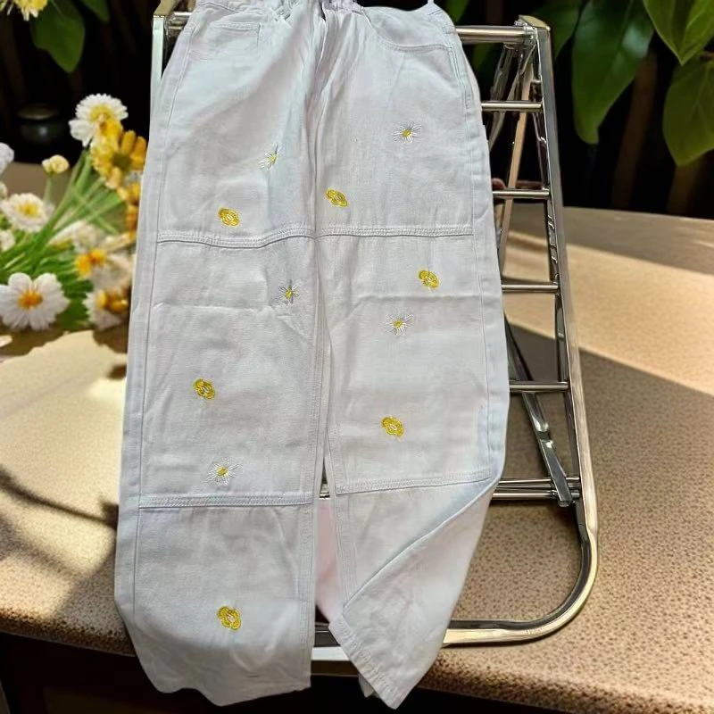 【默认瑕疵 慎拍】不退换 白色刺绣宽松直筒裤女小个子高腰裤