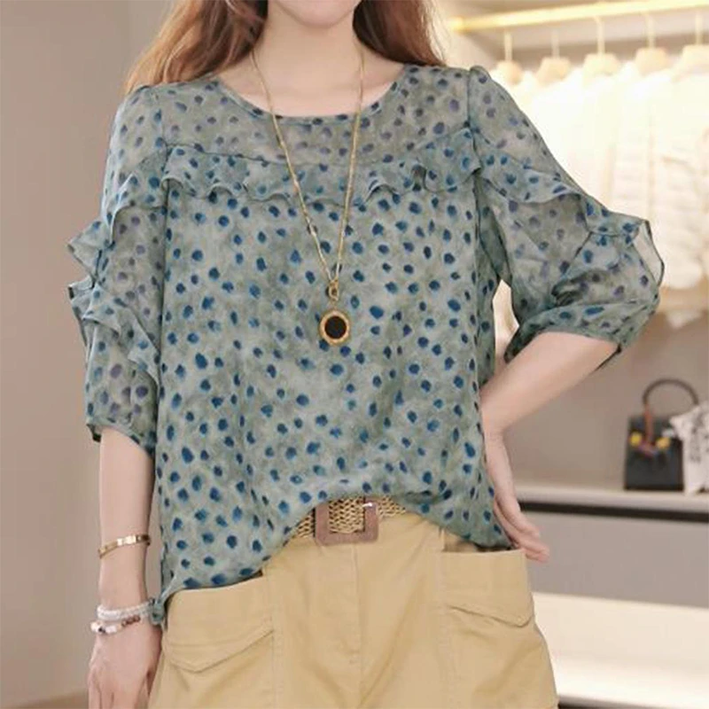 欧货波点短袖衬衫女2025夏新款设计感时尚洋气减龄显瘦圆领上衣潮