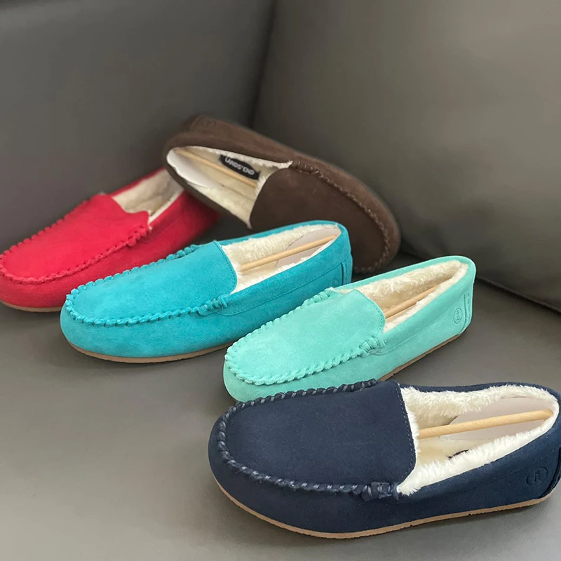 秋冬加绒牛皮豆豆鞋情侣款加厚棉鞋一脚蹬真皮男女款XX3404