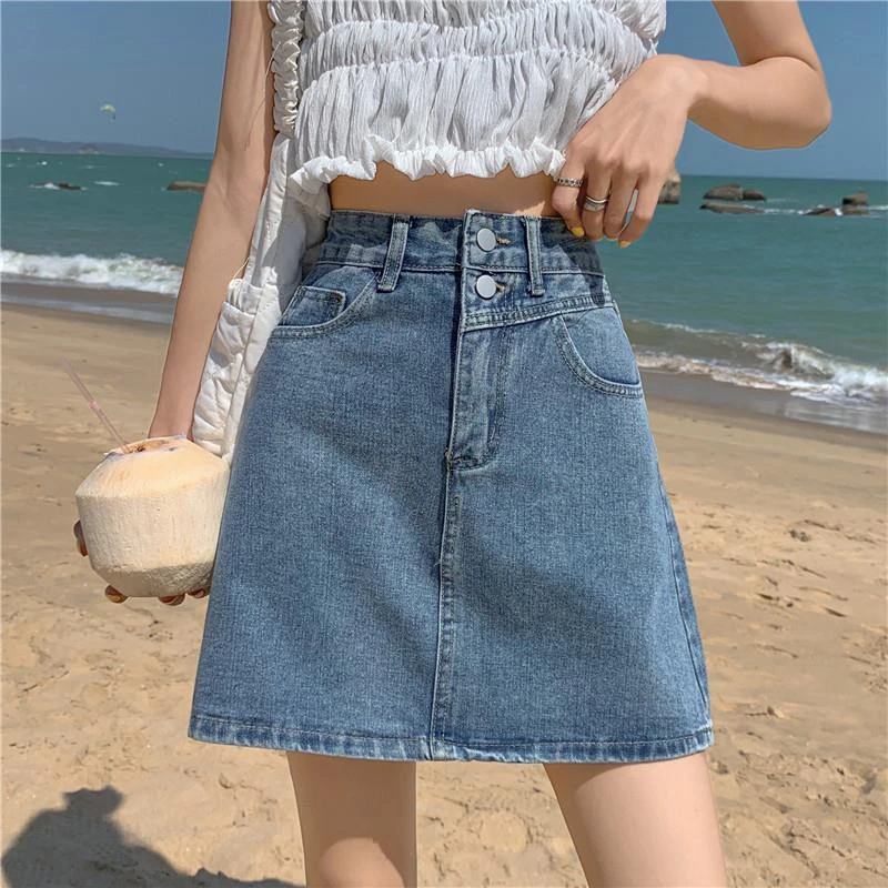 高腰牛仔半身裙女2025夏新款大码胖mm设计感小众A字显瘦包臀短裙