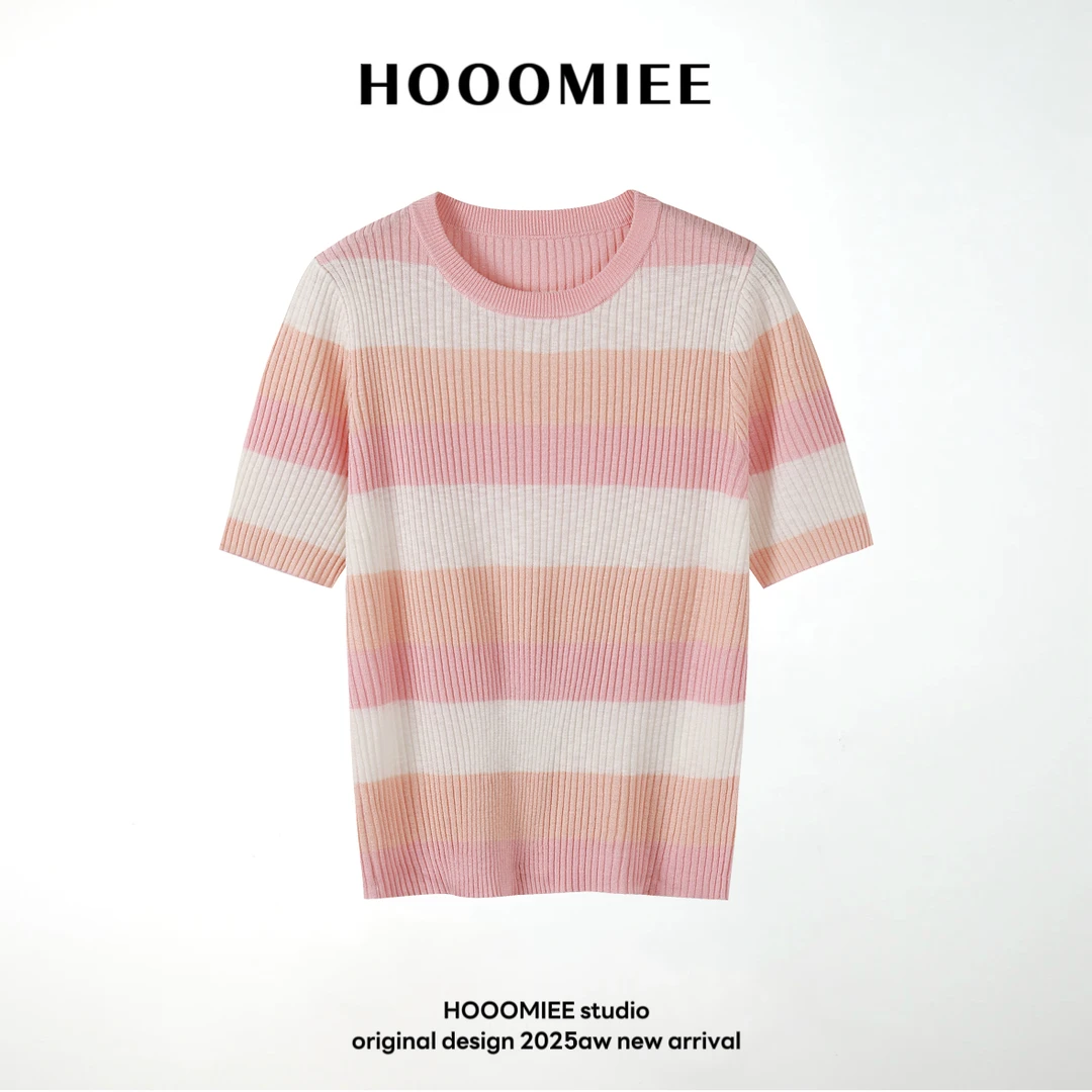 Hooomiee甜美减龄针织短袖夏季透气撞色条纹休闲圆领上衣250105