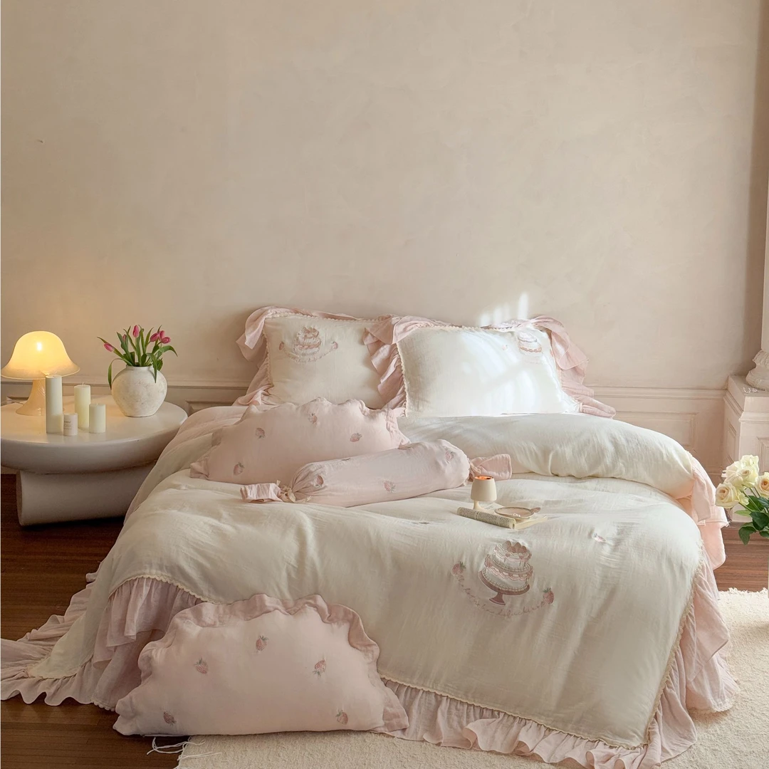 漫漫 法式全棉双层纱四件套皱皱纱刺绣花边少女心可爱小清新