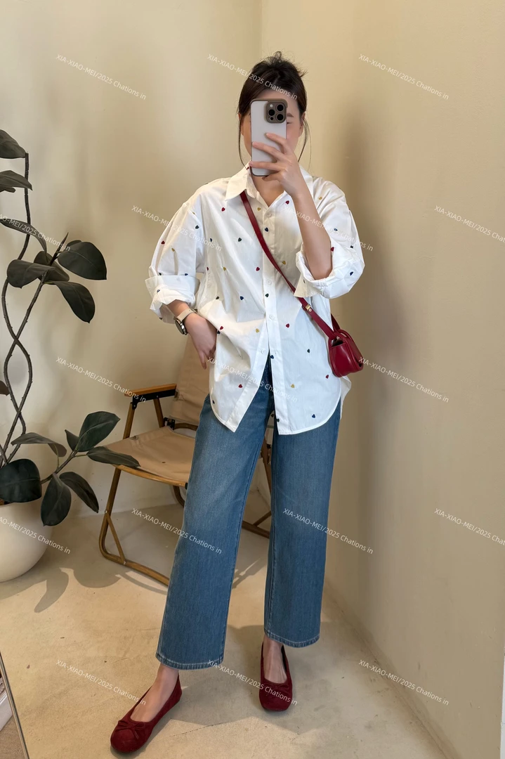 XIAOMEI ｜爱心刺绣白色棉质衬衫-5097