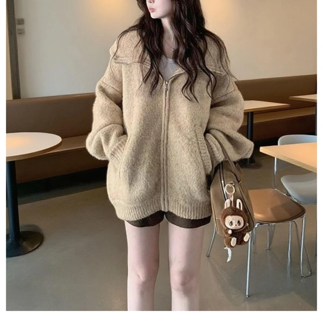 实价#羊驼绒#老钱风卡其色毛衣开衫外套女秋冬季慵懒拉链针织衫