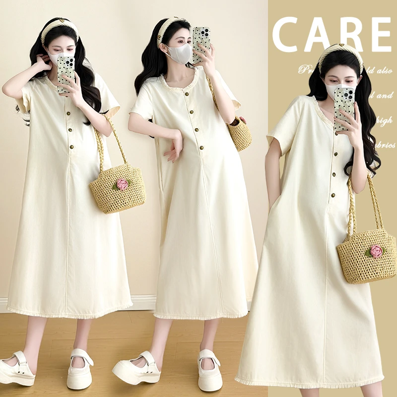 孕妇装夏季新款时尚气质简约慵懒风设计感宽松遮肚显瘦流苏连衣裙