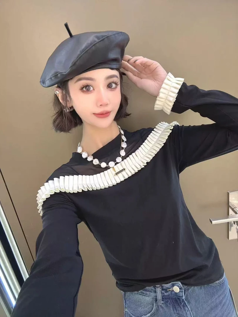 T恤休闲风女士修身型杂志风蕾丝黑色气质百搭长袖网红拼接