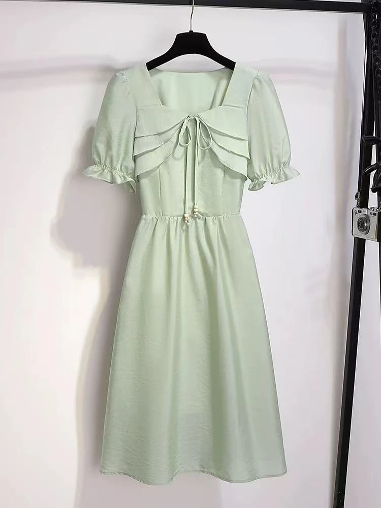 7358#法式气质方领高级感夏季新款系带长款连衣裙【D3-2】