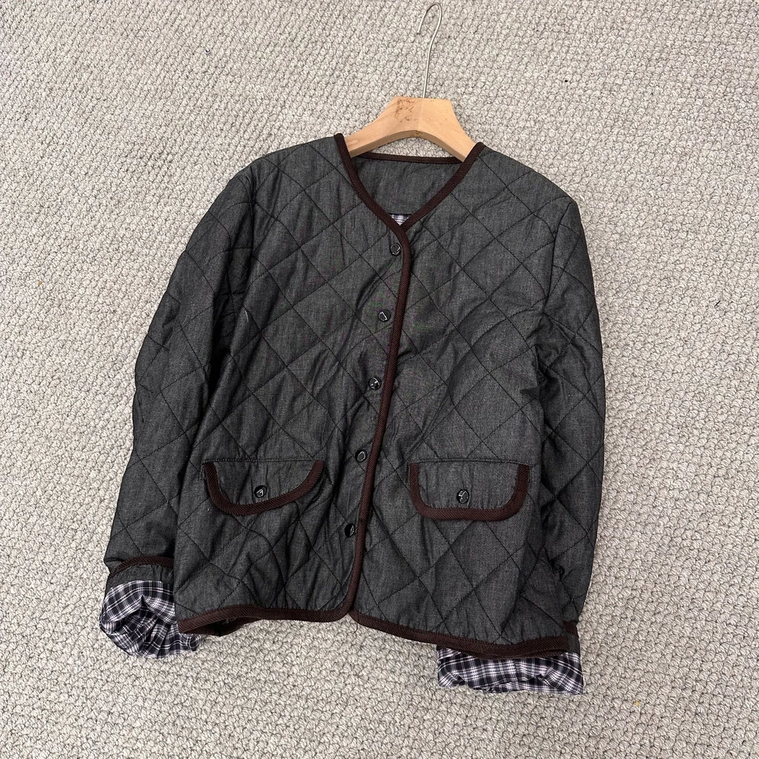 FUJIA STYLE新款气质休闲百搭时尚舒适撞色格纹棉服LG918