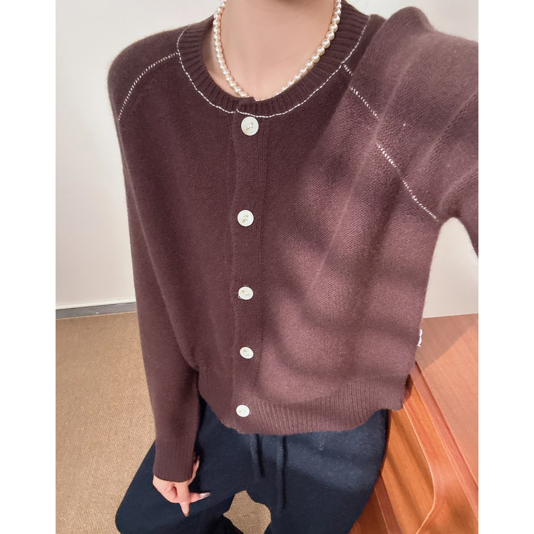 100%纯山羊绒咖色圆领宽松慵懒风套头衫2025冬季新款百搭洋气上衣